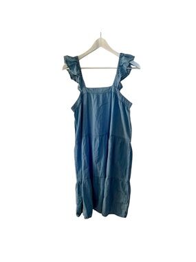 Suzy Shier Blue Chambray Denim Mini Babydoll Dress Size Small Ruffles Sleeveless